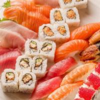 Sushi & Sashimi For Two†  · 4 tuna, 4 salmon, 2 shrimp, 2 yellowtail,. 2 eel, 2 albacore tuna, 1 each Eel Cucumber, Tuna...