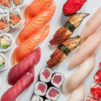 Sushi For Two†  · 2 tuna, 2 yellowtail, 3 salmon, 2 eel, 2. albacore tuna, tobiko, 1 each California,. Yellowt...