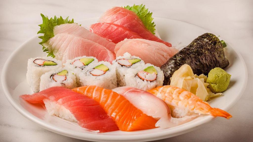 Sushi & Sashimi Entree†  · 3 tuna, whitefish, salmon, 2 yellowtail,. 2 albacore tuna, shrimp, Eel Cucumber. Hand Roll, California Roll