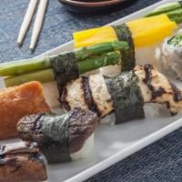 Vegetarian Sushi · Shiitake, inari, oshinko, tofu, avocado,. Japanese eggplant, asparagus, Avocado. Cucumber Roll