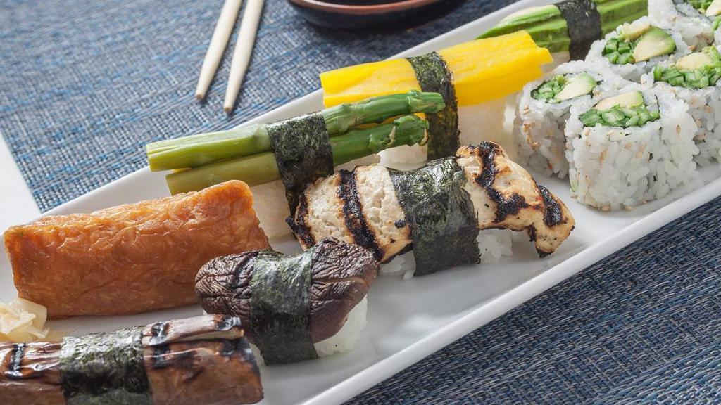Vegetarian Sushi · Shiitake, inari, oshinko, tofu, avocado,. Japanese eggplant, asparagus, Avocado. Cucumber Roll