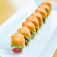 Caterpillar Remix Roll · Eel, shrimp, tuna, tempura flakes, topped with avocado, tobiko, spicy mayo and our sweet sau...