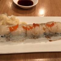 Hole-In-One Roll · Shrimp tempura, avocado, tobiko, and mayo, topped with lightly seared scallop and a sweet sa...
