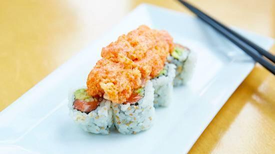 Crazy Roll · Your choice of fish, tobiko, avocado, topped with diced fish, tempura flakes, scallions and spicy mayo. All rolls can be made plain or spicy.