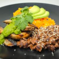 Portobello Steak · Mojo marinated portobello mushroom, miso mole black beans, yellow rice, chimichurri, avocado...