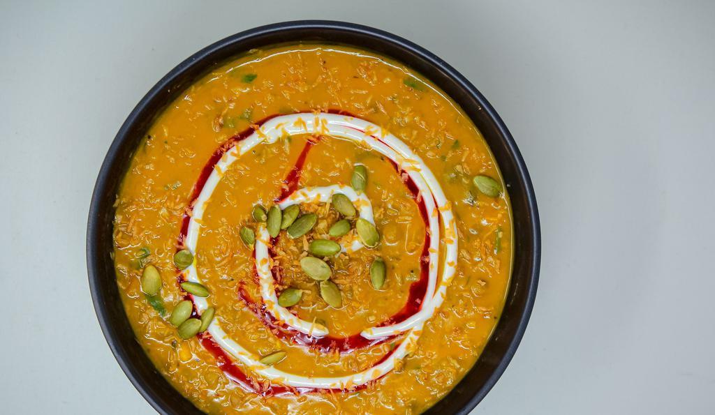 Pea Soup · Contains nuts. Pigeon peas, coconut milk broth with kabocha squash, pepitas, toasted coconut, chamoy and crema *contains nuts. *Please let us know if you have any allergies.