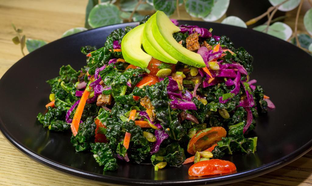 Curtido Salad · Kale, romaine, curtido, pepitas, cherry tomatoes, tempeh bacon, sesame lime vinaigrette *contains soy and sesame. *Please let us know if you have any allergies.