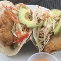 Fish Tacos (2) · With coleslaw, avocado, and chipotle aioli.