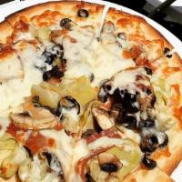 Artichoke Pizzette · Artichoke, olives, prosciutto, mushrooms, mozzarella and white truffle oil. Thin crust.
