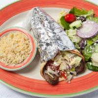 Beef Gyro Deluxe · Sliced gyro beef wrapped in pita bread with lettuce, tomato Onions, feta & tzatziki sauce se...