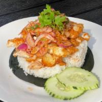 Kao Yum Gai Tod · Spicy. Spicy crispy chicken salad over jasmine rice