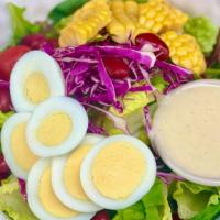 Huge Salad · Romain lettuce, mixed spring salad, red cabbage, corn, tomato, kidney beans and boiled egg w...