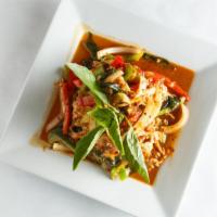 Pad Pak Kraprow · Hot. Mixed vegetables, tofu, shiitake mushroom, chili and bell peppers, basil leaves, onion.