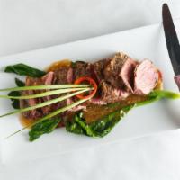 Steak Gai-Lun · Wok-fried crusted sirloin steak, Chinese broccoli.

(Due to a meat supply shortage we had to...