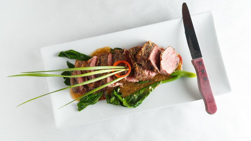 Steak Gai-Lun · Wok-fried crusted sirloin steak, Chinese broccoli.

(Due to a meat supply shortage we had to temporarily increase the cost of our steak dishes. We apologize for the inconvenience.)