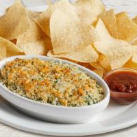 Spinach & Artichoke Dip · Fresh spinach, artichokes, Romano, sautéed onions, and red bell peppers. Topped with Parmesa...