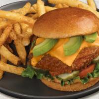 Southern Fried Chicken Sandwich · Battered chicken breast, lettuce, tomato, pickles, avocado, white cheddar, spicy mayo made w...