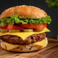 Gourmet Cheeseburger · 100% beef patty topped with lettuce, tomato, onions and cheese.