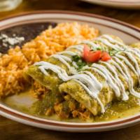 Grilled Chicken Enchiladas · Homemade corn tortilla, Mexican cheese blend, topped with green tomatillo sauce, queso fresc...