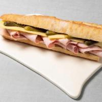 Ham & Gruyère Baguette Sandwich · butter, trio of mustards, and cornichons