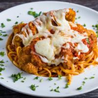 Chicken Parmigiana · Fried boneless chicken breast with sauce topped with fresh mozzarella. served with side of p...