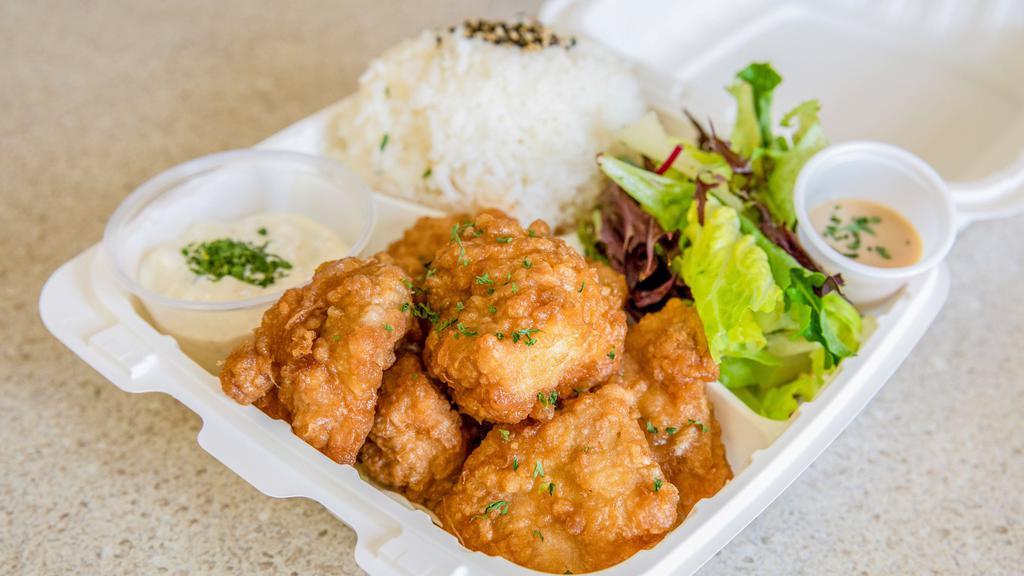 Chicken Nanban Plate · Our signature dish! Boneless chicken thighs coated in a crispy egg batter, fried and soaked in a shoyu based sweet and sour nanban sauce. Perfect combination with our house made creamy tartar sauce.