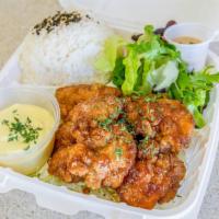 Fried Teriyaki Chicken Plate · Boneless juicy fried chicken marinated with our original teriyaki sauce.  Comes with Karashi...