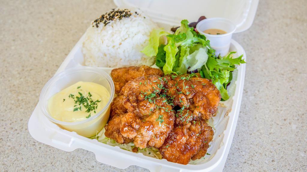 Fried Teriyaki Chicken Plate · Boneless juicy fried chicken marinated with our original teriyaki sauce.  Comes with Karashi Mayo or Tartar Sauce or Mayonnaise. Sauce and dressings on the side.