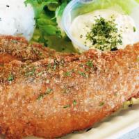 Salmon Katsu Plate · 2 fillets of crispy salmon katsu (Cutlet) with fresh tossed salad and furikake rice. Comes w...