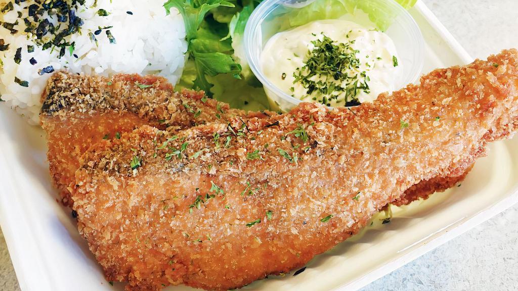 Salmon Katsu Plate · 2 fillets of crispy salmon katsu (Cutlet) with fresh tossed salad and furikake rice. Comes with sauce and dressing on a side.