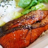 Teriyaki Salmon Plate · 2 fillets of pan fried teriyaki salmon with white rice and tossed salad.