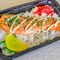 Grilled Furikake Mayo Salmon Bento · 1 fillet of grilled salmon with Furikake mayo flavor on a bed of white rice or tossed salad.