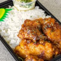 Teriyaki Fried Chicken Bento · 3pc of Teriyaki fried chicken on a bed of rice or tossed salad. Comes with Karashi Mayo (Mus...