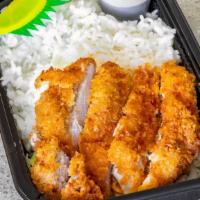 Chicken Katsu Bento · Crispy boneless Chicken Katsu (Cutlet) on a bed of rice or tossed salad. Comes with house ma...