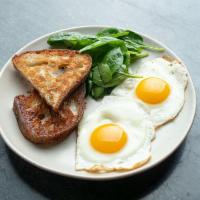 Eggs · Two Eggs Cooked Your Way, Bourke St Bakery Sourdough, Baby Spinach.