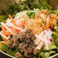 Kimchi Crunch (Gluten-Free, Vegan) 🌶 · Glass noodles, arugula, cucumbers, watermelon radish, kimchi, daikon + carrot, scallion, ses...