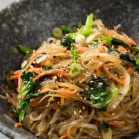Royal Japchae (Gluten-Free, Vegan) · glass noodles, roasted trumpet mushrooms, onion, carrots, snow pea leaves, scallion, sesame ...