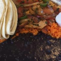 Chicken Fajita · Sauteed onions, peppers, tomatoes, and mexican spices served with rice, beans. It comes with...