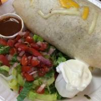 Seasoned Ground Beef Burrito · Flour tortilla filled with mexican red rice, pico de gallo, black beans, jack and cheddar ch...