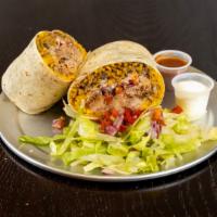 Fried Pork (Chicharon)  Burrito · Flour tortilla filled with mexican red rice, pico de gallo, black beans, jack and cheddar ch...