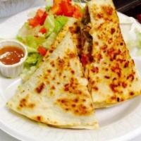 Cheese Quesadilla · Grilled flour tortilla with melted monterey jack and cheddar cheese, pico de gallo with a si...