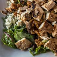 Capricciosa Salad · Mixed greens with walnuts, grilled chicken & crumbled bleu cheese in a honey mustard dressing.