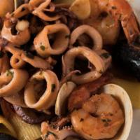 Amalfi · Calamari, shrimp, clams, mussels, garlic & oil, diced tomatoes in a white wine sauce.