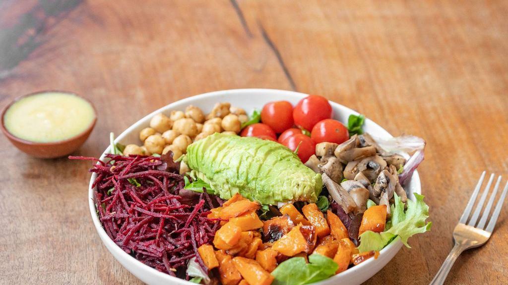 Crown Heights Salad · butternut squash / baked mushroom / roasted pepper / spiced chickpea / red cabbage / avocado