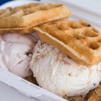 Daddy Mac · Whole waffle ice cream sandwich with your choice of ice cream.