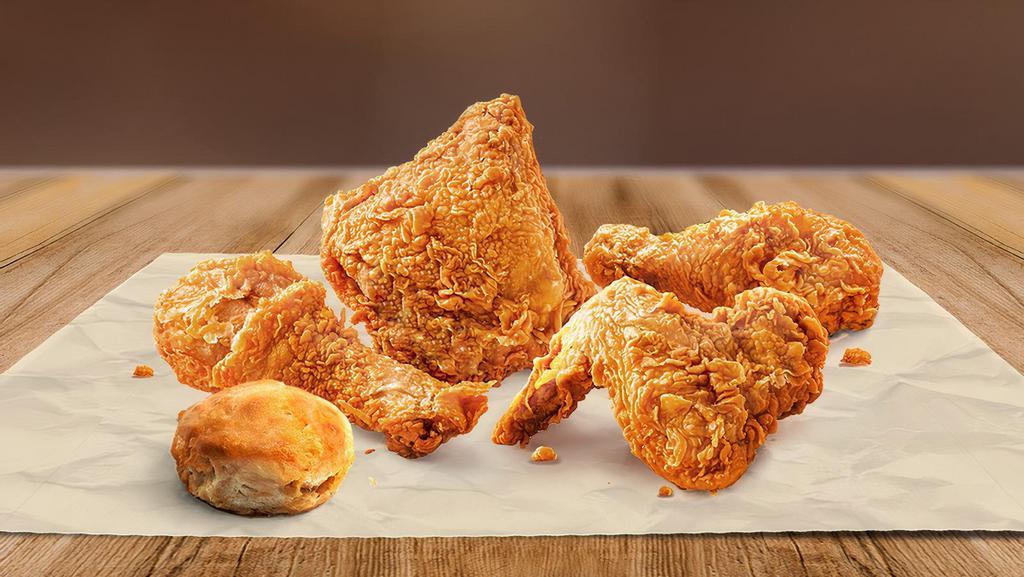 4 Piece Chicken W/ Biscuit · Tender, juicy, and crisp 100% natural chicken with a flaky, buttery, freshly baked biscuit., Choose between two to four pieces, and get your meal on. Come's with a biscuit.