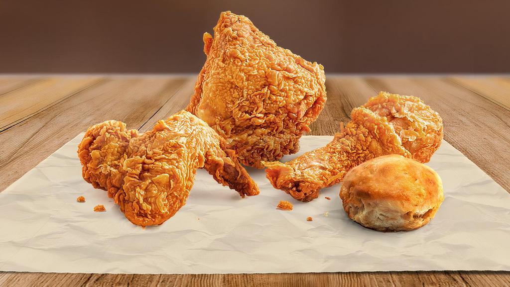 3 Piece Chicken W/ Biscuit · Tender, juicy, and crisp 100% natural chicken with a flaky, buttery, freshly baked biscuit., Choose between two to four pieces, and get your meal on. Come's with a biscuit.
