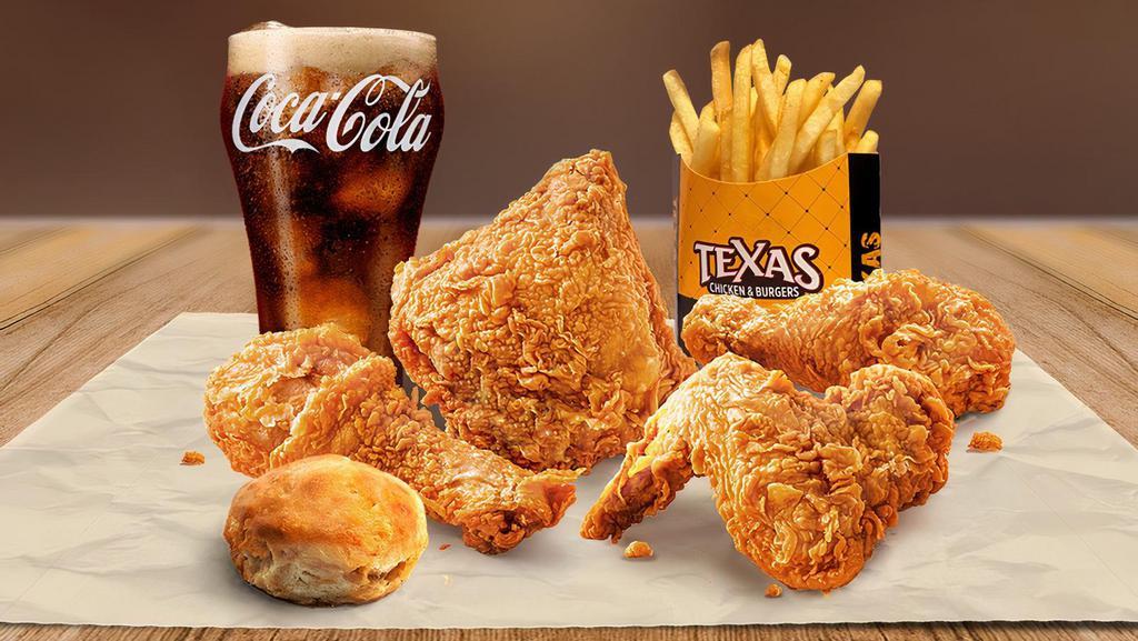 4 Pieces Chicken W/ A Side, Beverage & Biscuit · Tender, juicy, and crisp 100% natural chicken with a flaky, buttery, freshly baked biscuit., Choose between two to four pieces, and get your meal on. Come's with 1 Biscuit, 1 Side, 1 Soda.