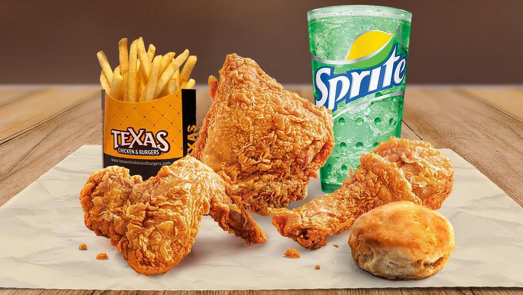 3 Pieces Chicken W/ A Side, Beverage & Biscuit · Tender, juicy, and crisp 100% natural chicken with a flaky, buttery, freshly baked biscuit., Choose between two to four pieces, and get your meal on. Come's with 1 Biscuit, 1 Side, 1 Soda.