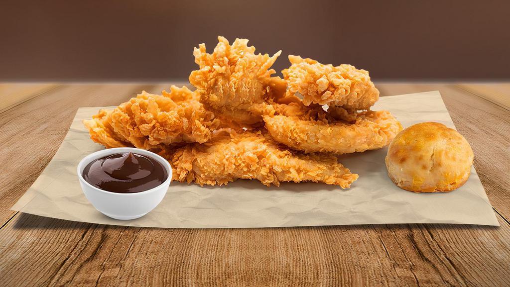 5 Piece Tender'S W/ Biscuit · Crisp, boneless, 100% white meat, additive and preservative free chicken Tenders; the perfect answer to your craving. Come's with a Biscuit!